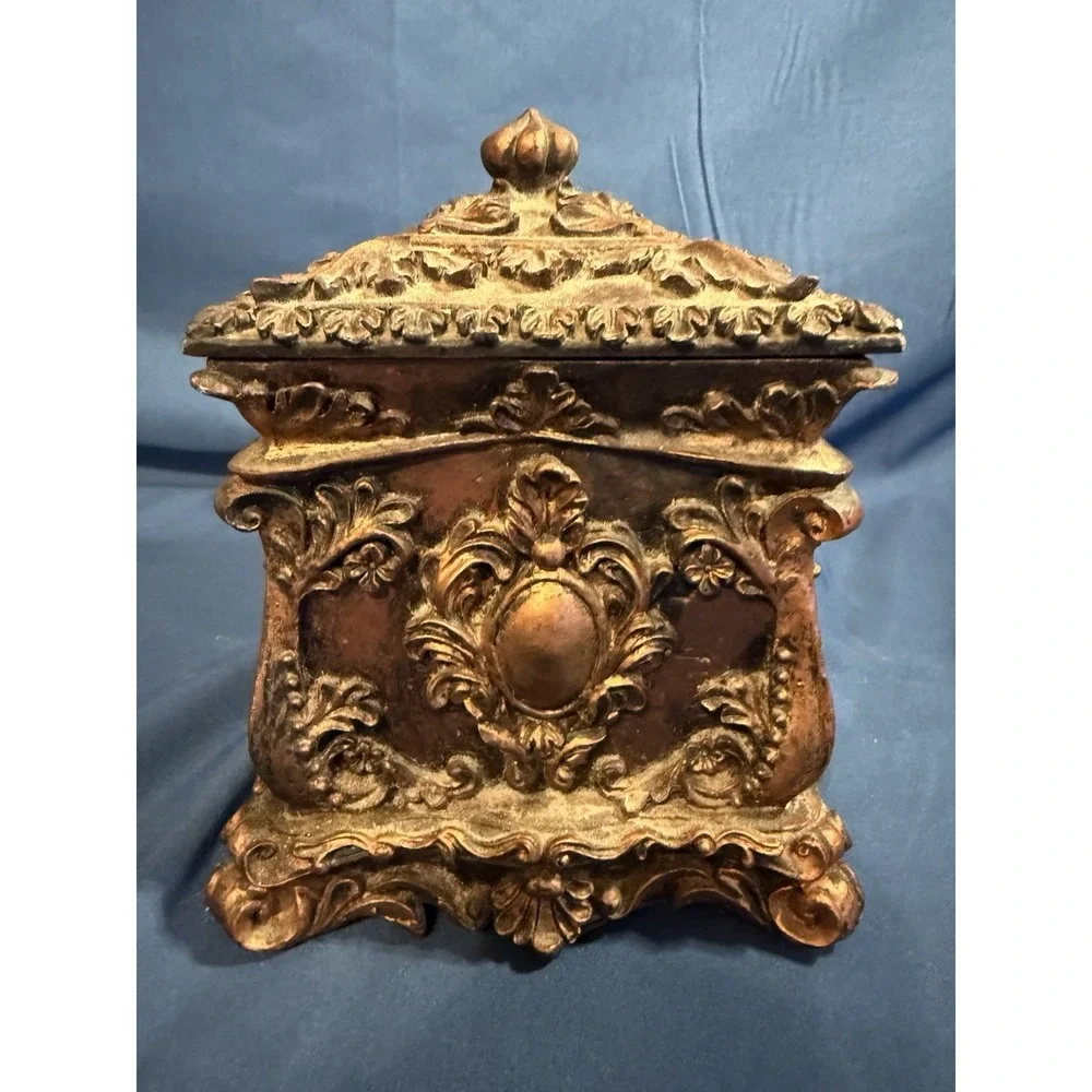 Vintage Ornate Faux Bronze Quartz Clock Trinket Jewelry Box Rococo Style Resin
